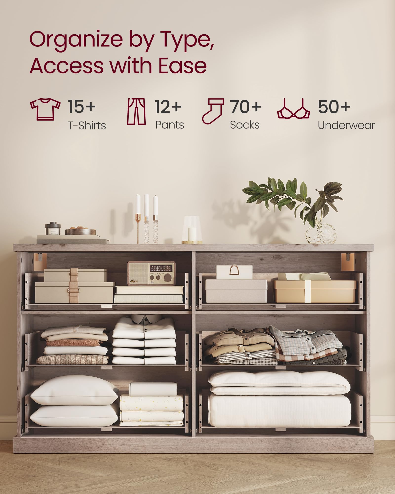 6-Drawer Wide Dresser with Fluted Panels
