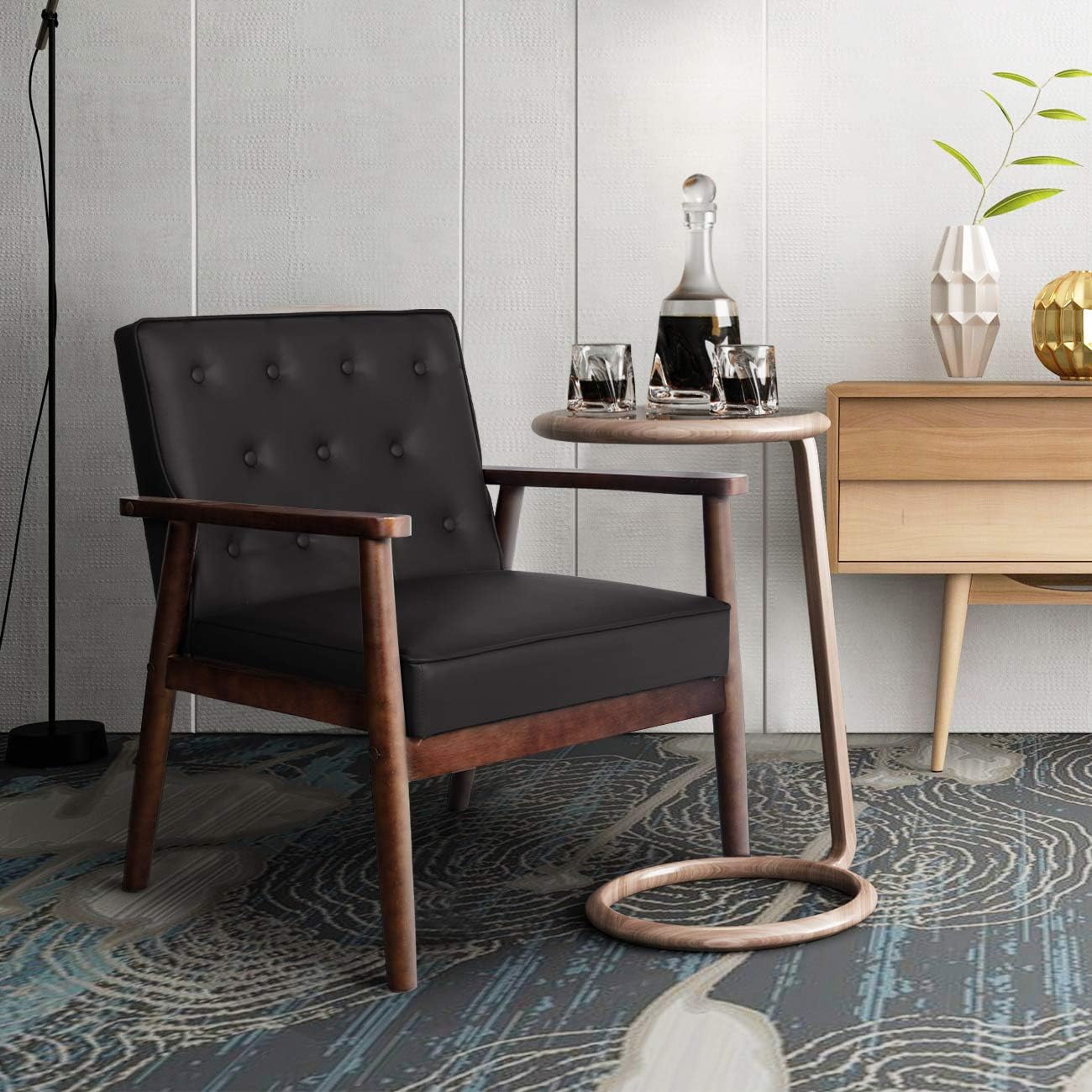 JIASTING Mid-Century Retro Modern Solid Wood Armrest Accent Chair, Faux Leather Tufted Back Upholstered Lounge Chairs, Living Room Furniture (Black 8325)