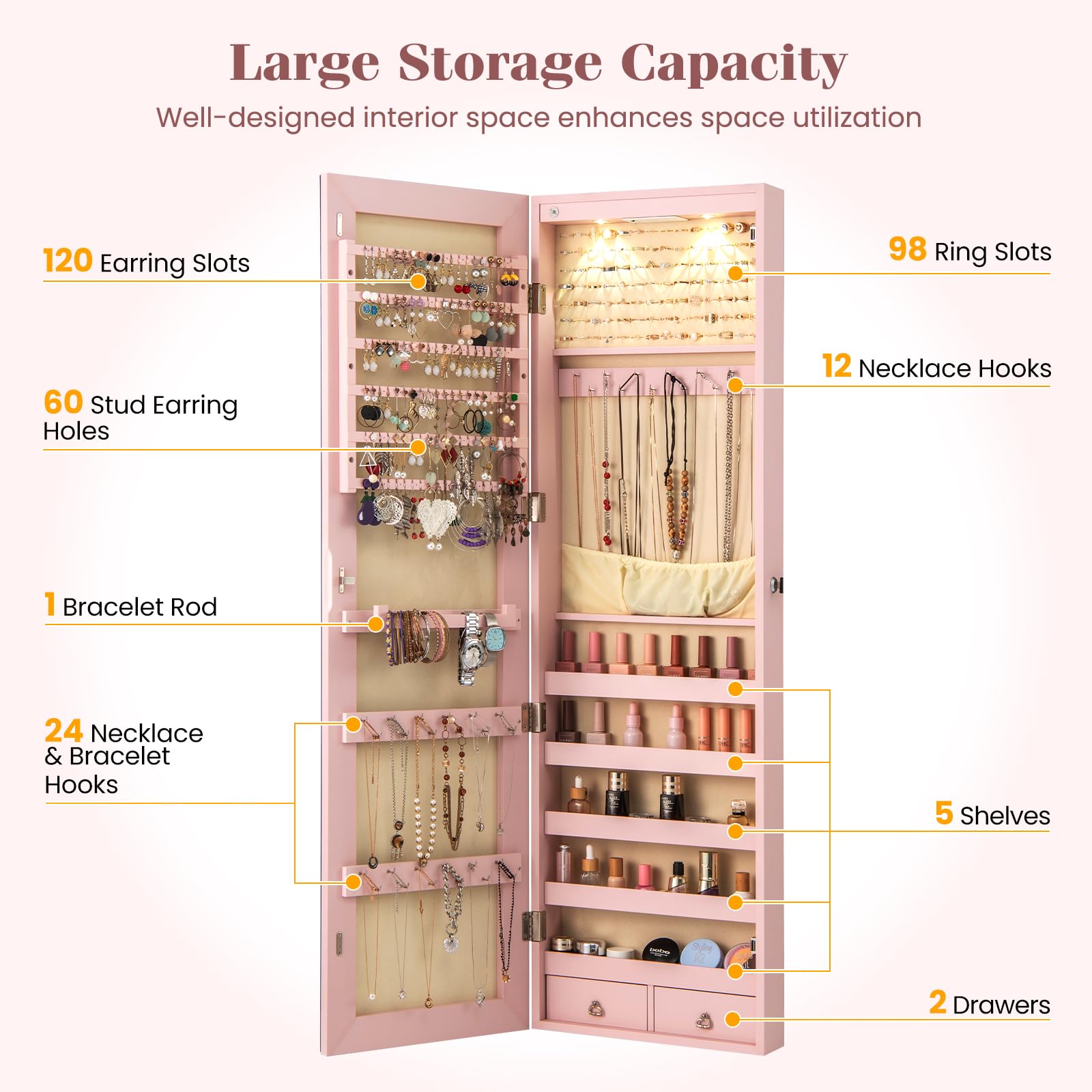 Wall-Mounted Jewelry Armoire with Full-Length Mirror and LED Lights