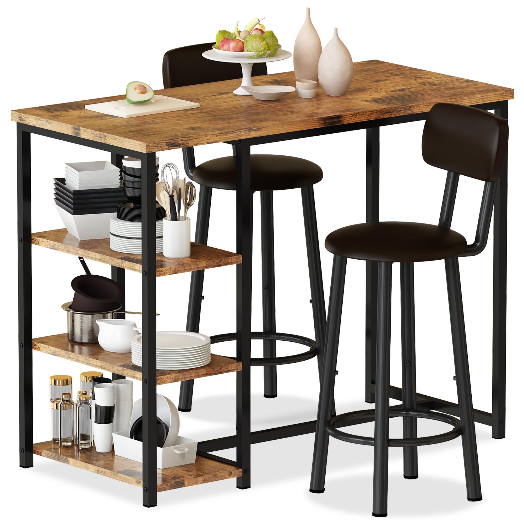 3-Piece Bar Table Set with Storage Shelves