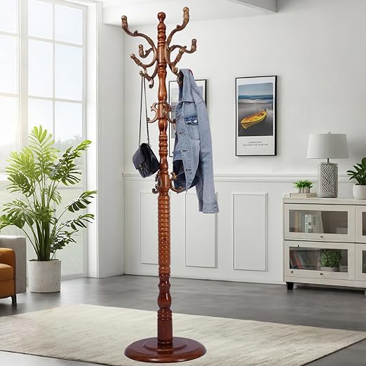 Freestanding Wooden Coat Rack with 18 Hooks