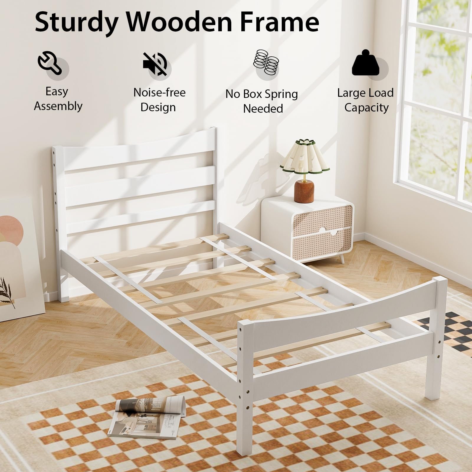 Twin Platform Bed with Headboard and Storage Space