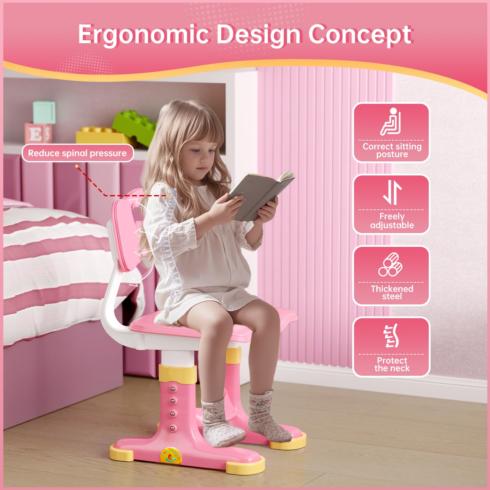 Kids Desk and Chair Set - Height Adjustable Study Writing Table with Bookstand and Storage Drawer