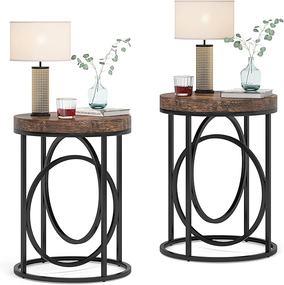 Round Industrial End Table with Metal Frame