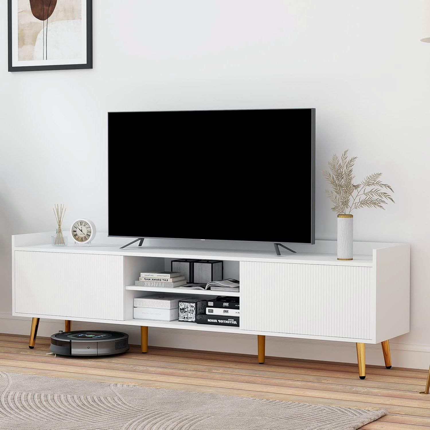 70 Fluted TV Stand with Sliding Doors and Storage