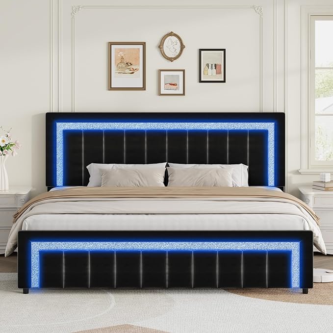 Queen LED Bed Frame with Diamond Tufted Headboard
