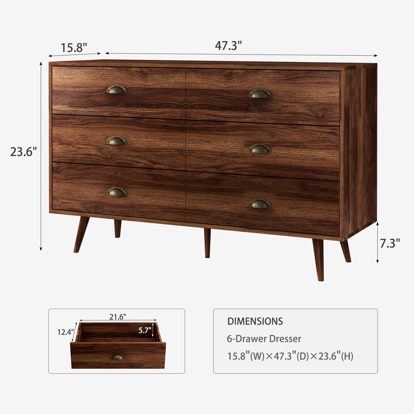6 Drawer Walnut Brown Dresser