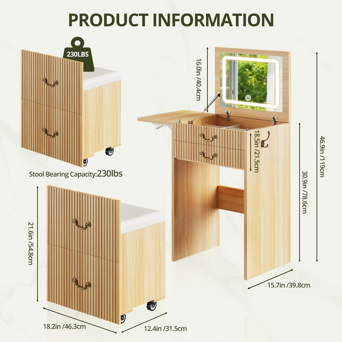 3-in-1 Vanity Table with Flip Mirror and Lights