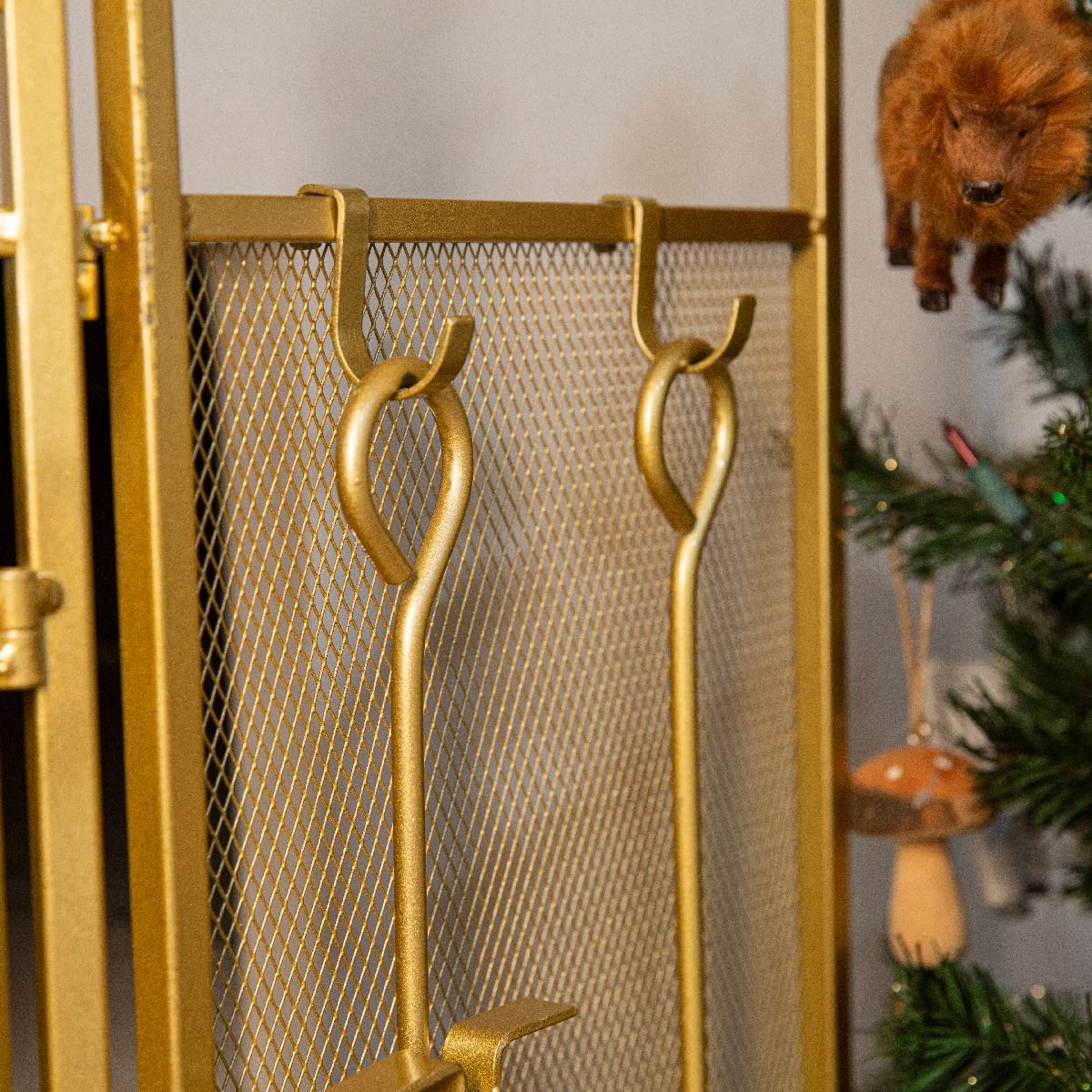 3-Panel Folding Fireplace Screen with Tools