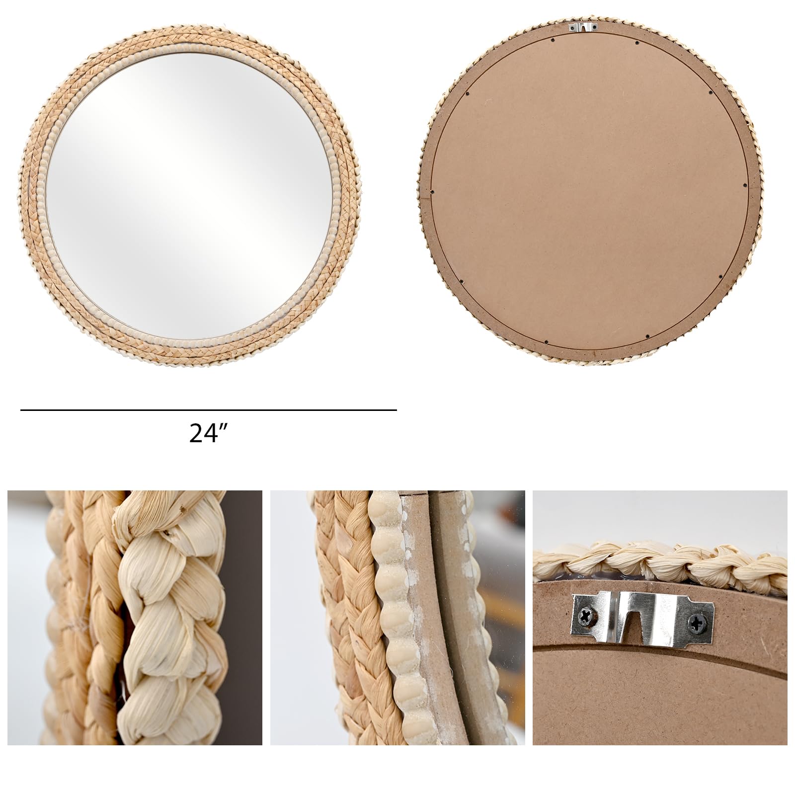 24" Rattan Wood Round Mirror