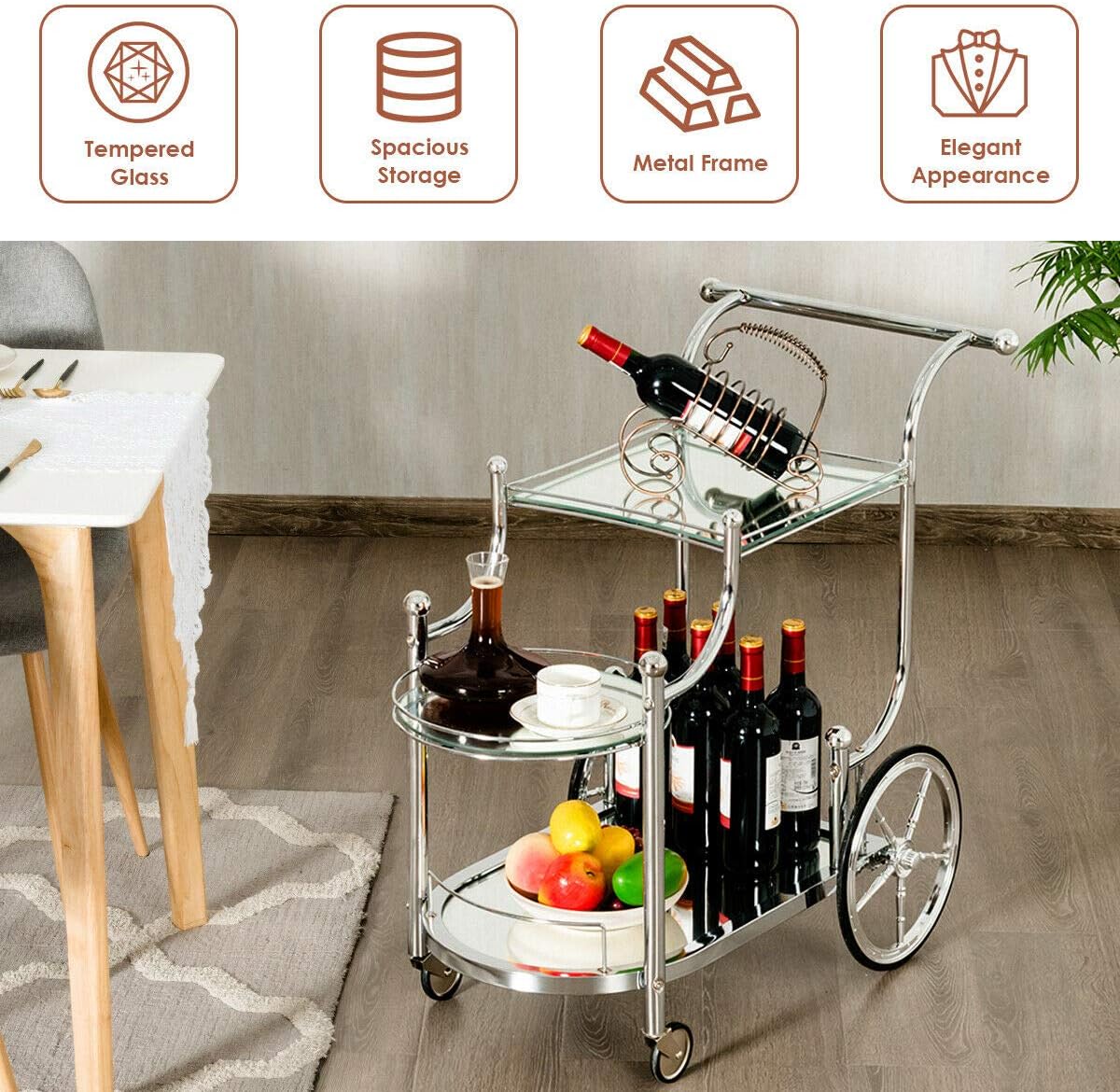 3-Tier Rolling Serving Cart with Tempered Glass