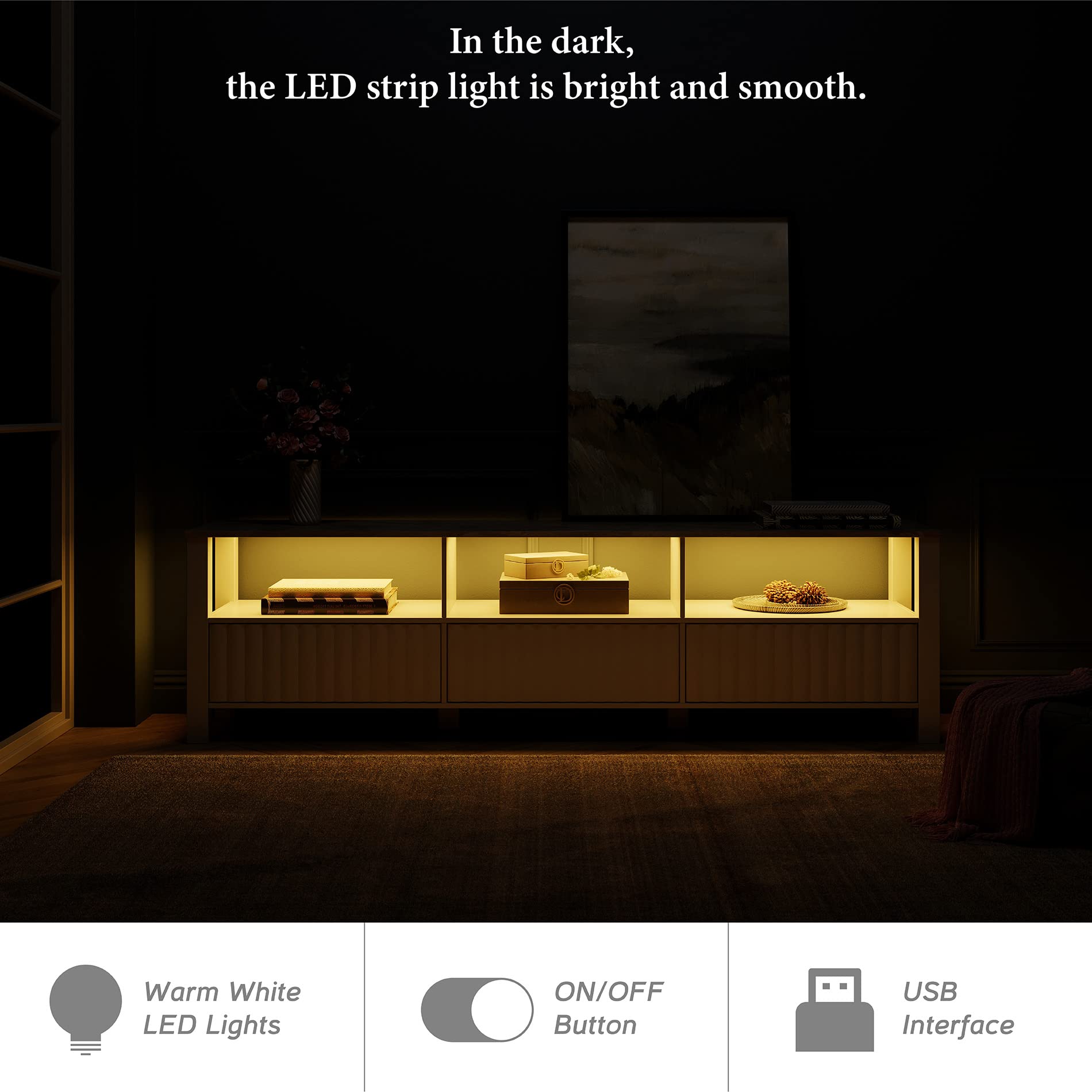 White TV Stand with Storage and LED Light - 70 Inch