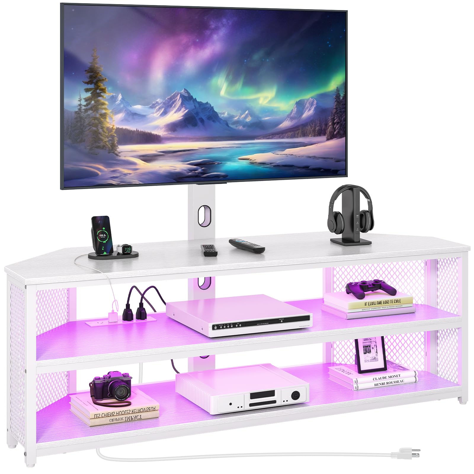 Corner TV Stand with Swivel Mount and LED Lights