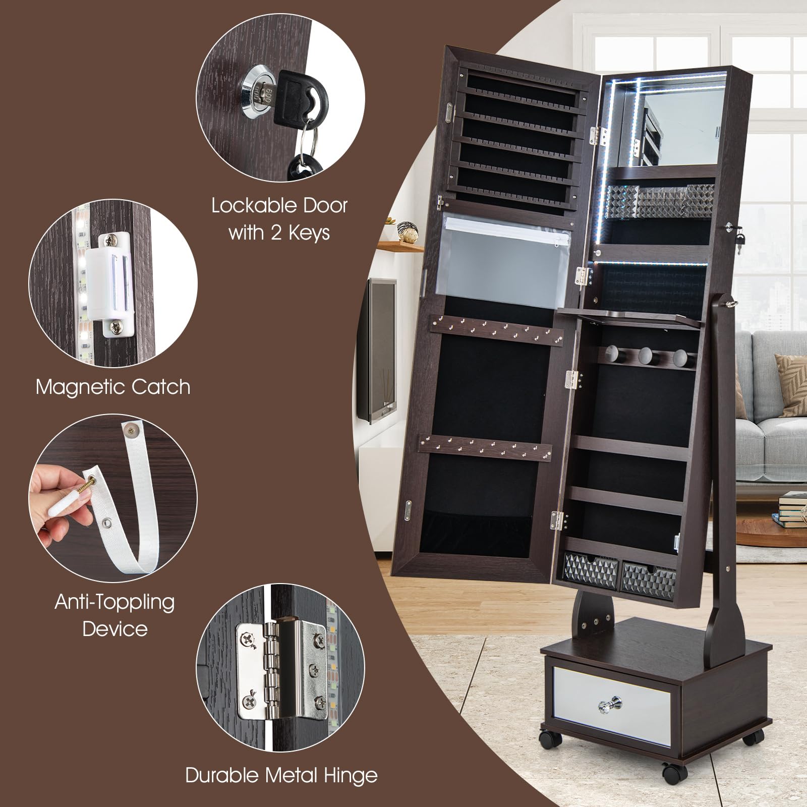 Rolling Jewelry Armoire with Full Length Mirror and LED Lights