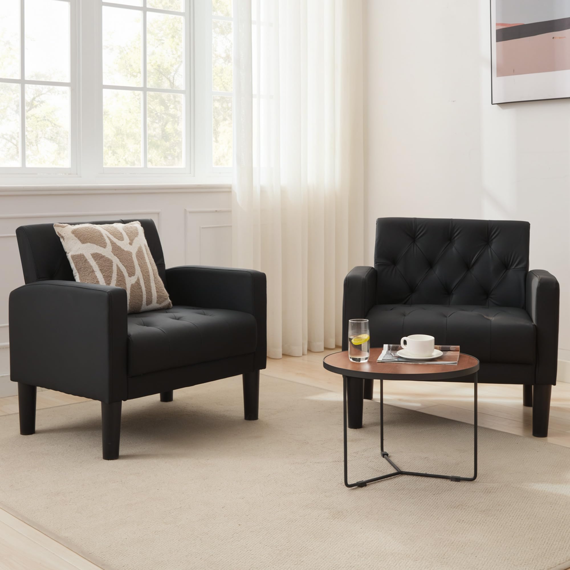 TYBOATLE Leather Chairs Set of 2 Comfy Living Room Chair Black Leather Tufted Mid Century Modern Accent Chair, Small Cozy Reading Arm Chair for Office, Bedroom