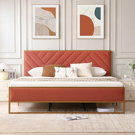 Full Size Velvet Upholstered Platform Bed with Rounded Metal Frame