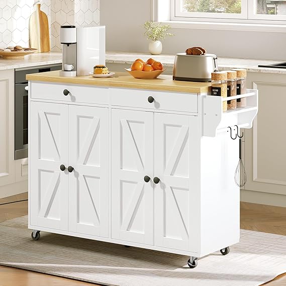 43.3" Rolling Kitchen Island with Power Outlet and Storage