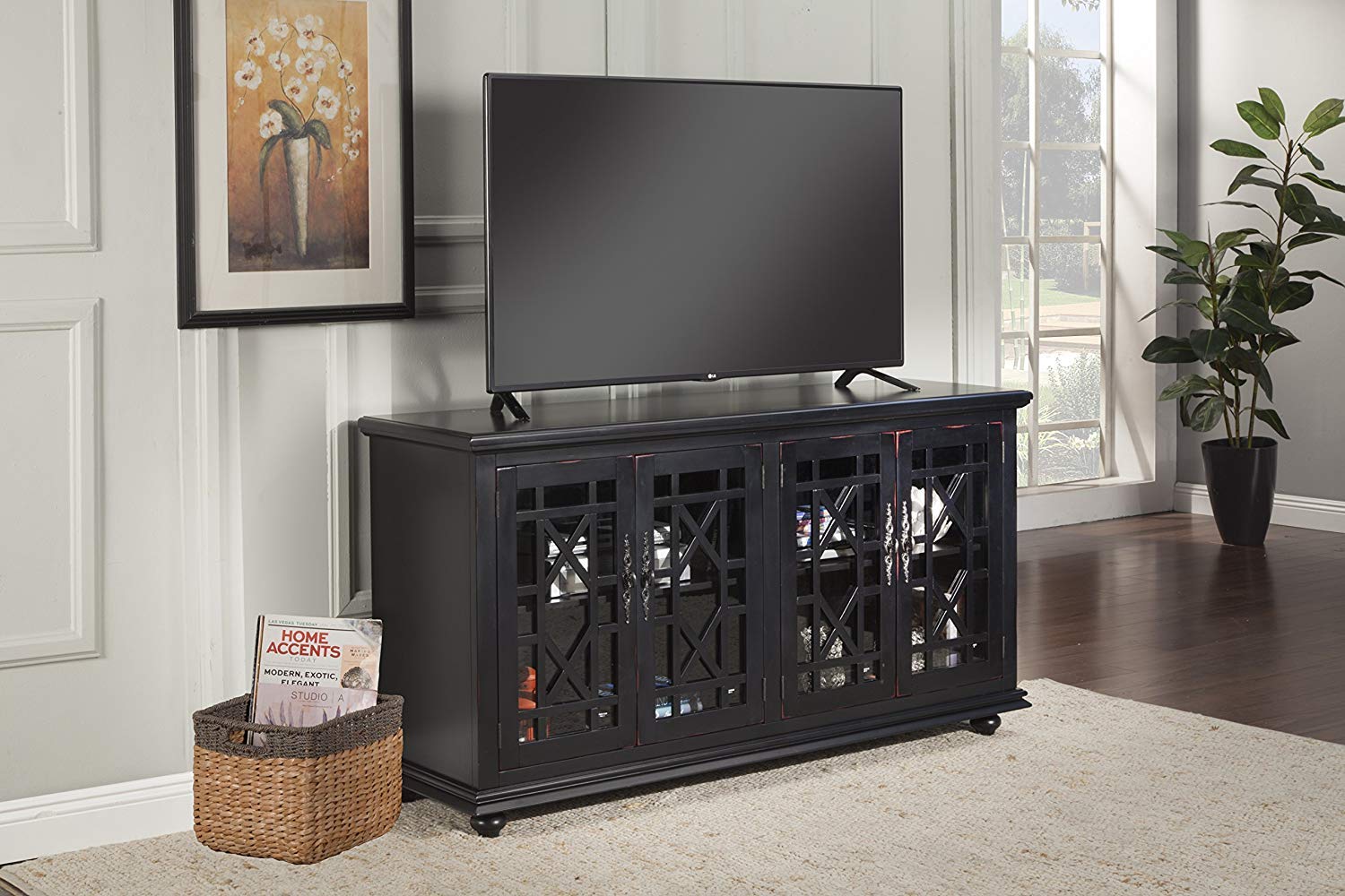 Antique Black Wood TV Stand with Storage and Charging Ports