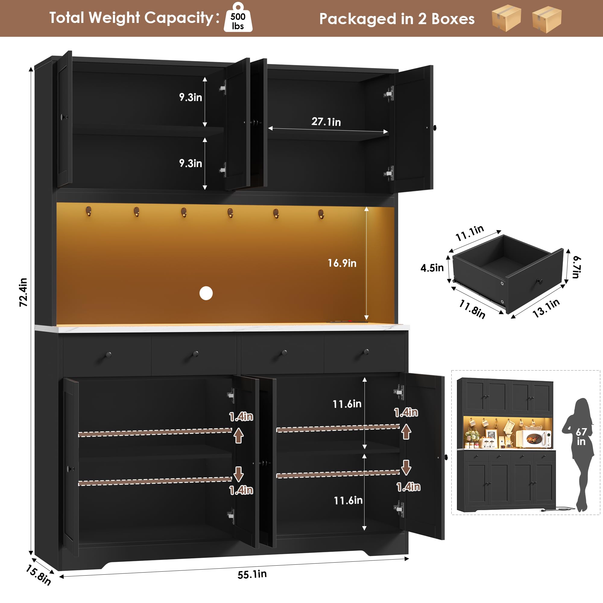 LED Kitchen Pantry Cabinet with Power Outlet