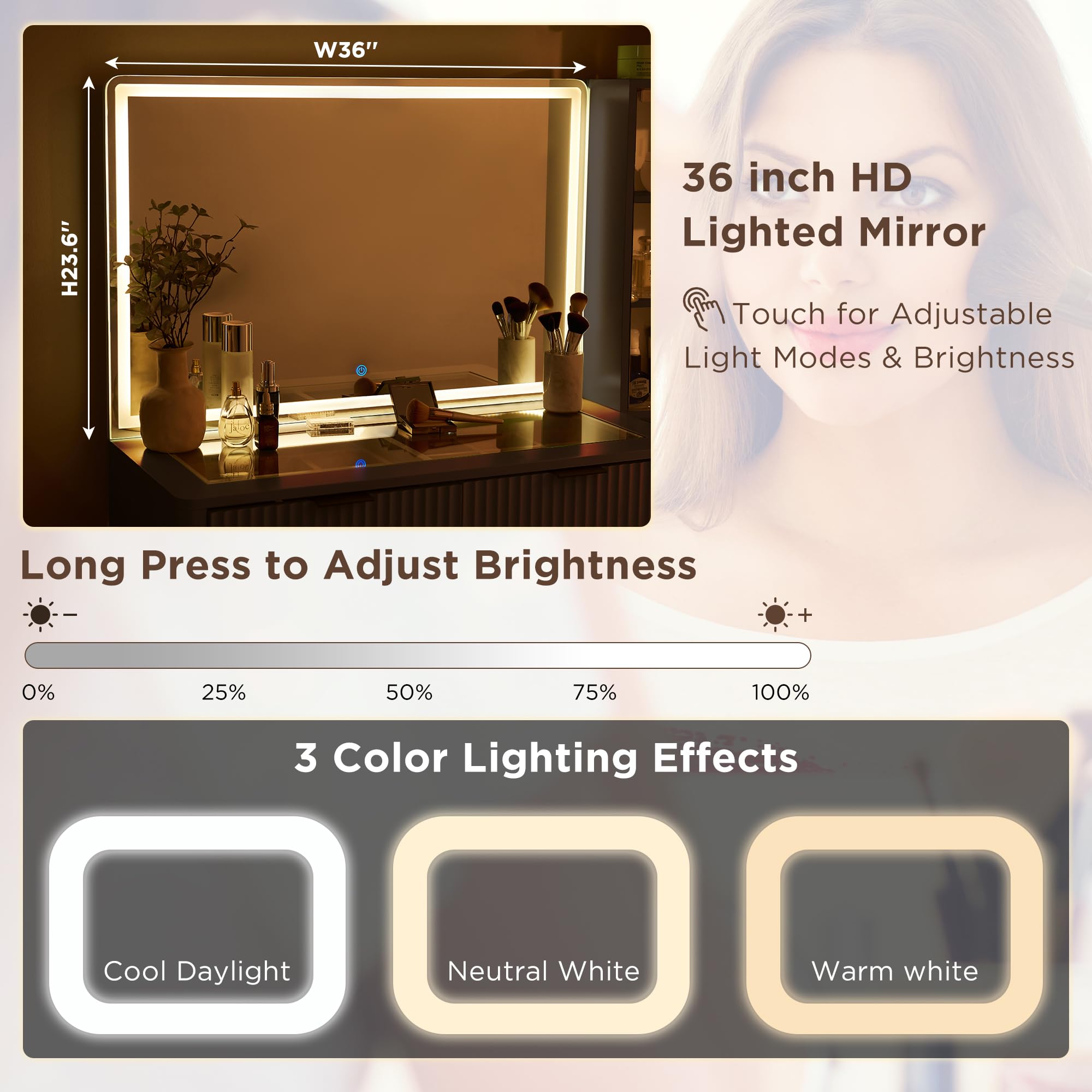 48" Fluted Makeup Vanity Desk with Mirror and Lights