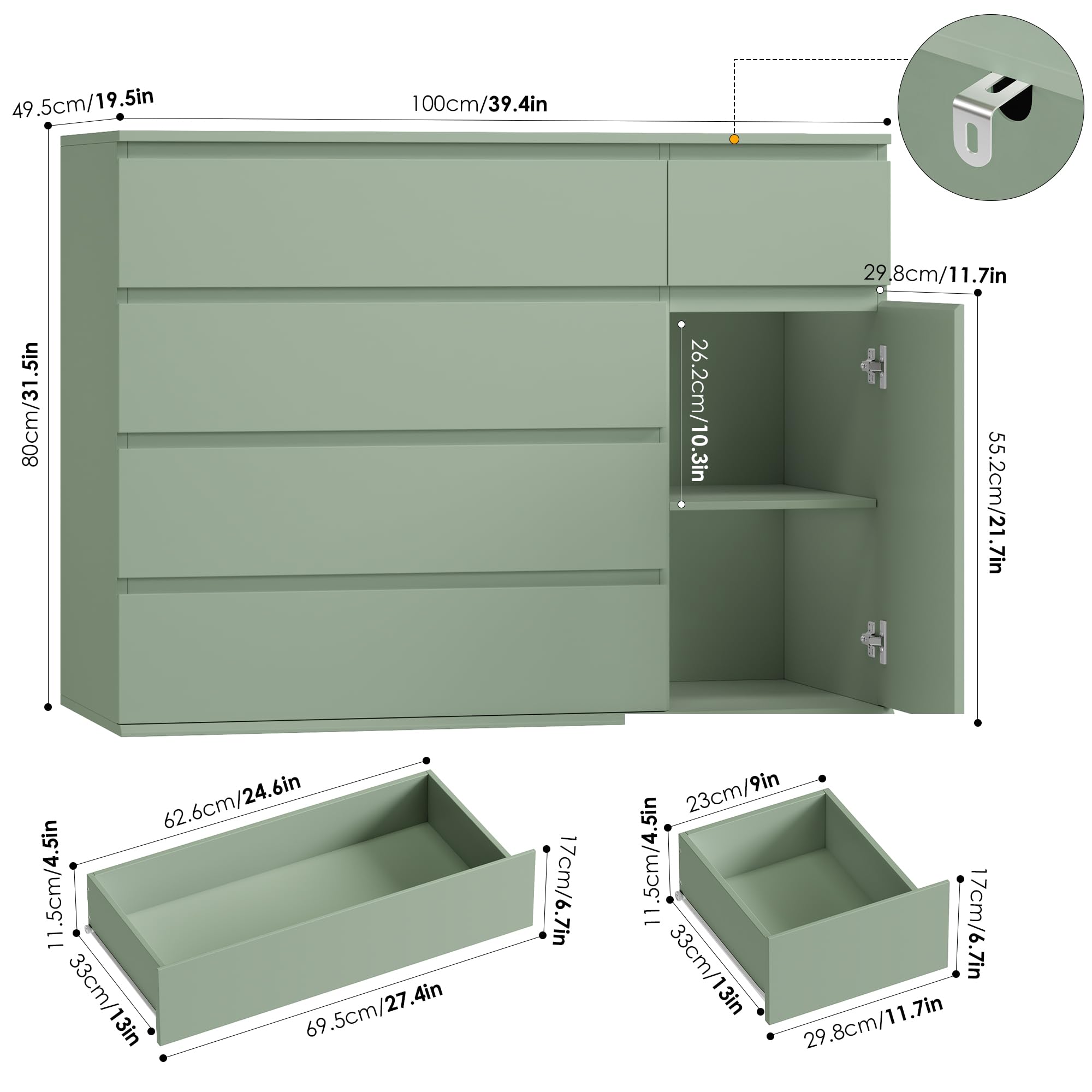 Green Dresser with Door and Deep Drawers