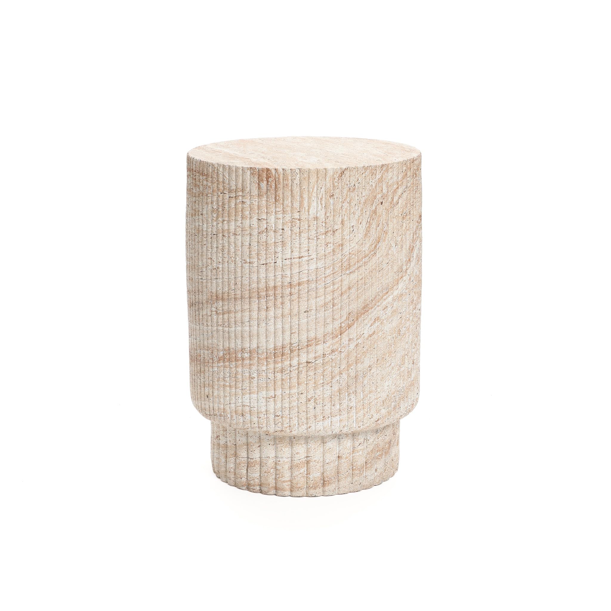Outdoor Accent Side Table 18 Inch Round Travertine Style Ribbed Cement