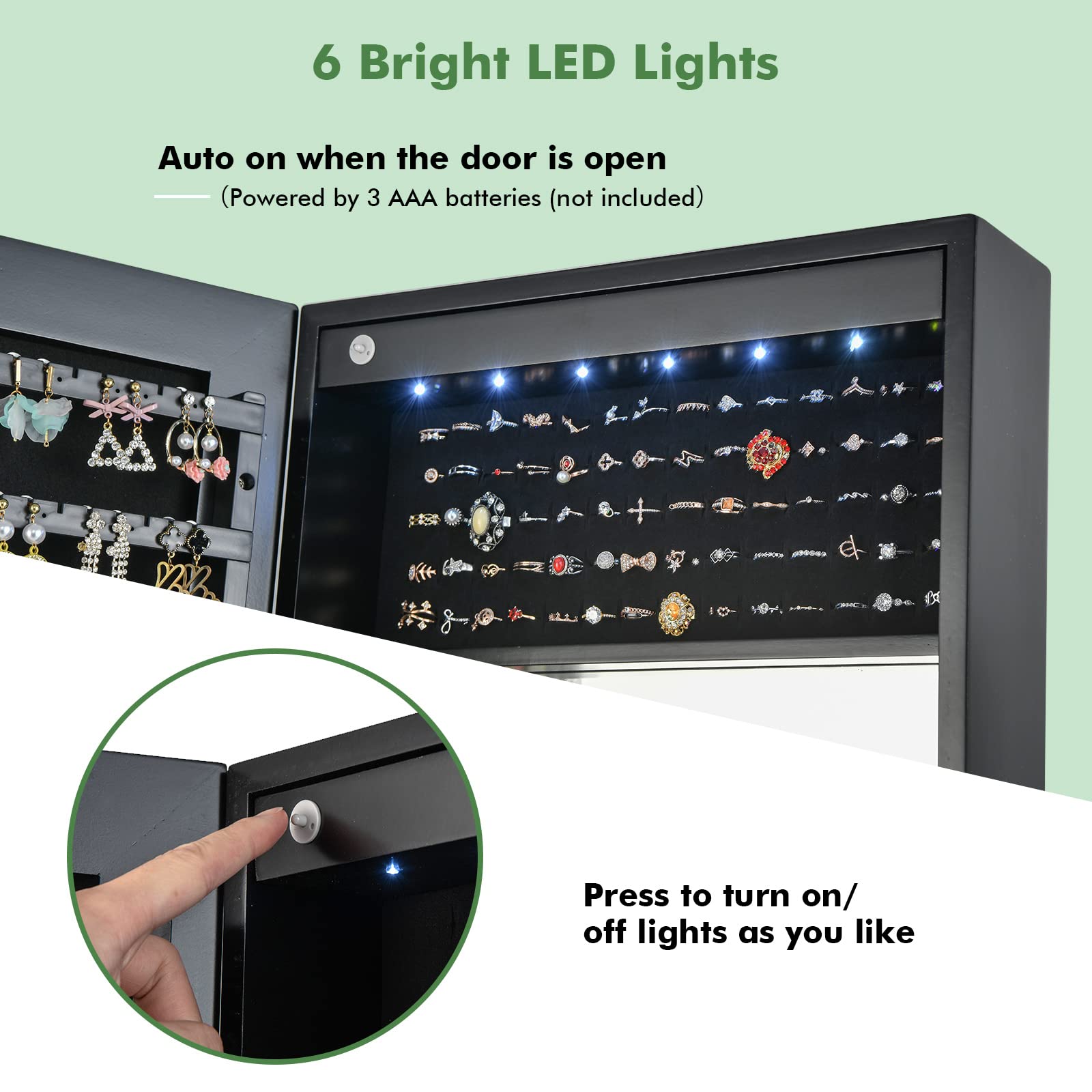 Jewelry Armoire Cabinet with Full Length Mirror and LED Lights