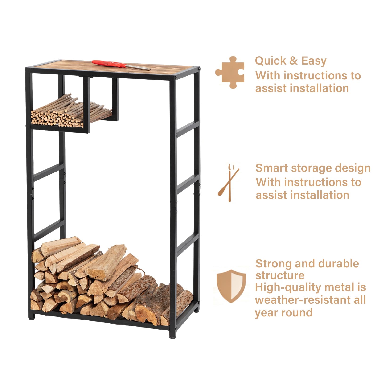 Indoor Firewood Rack with Storage Shelf