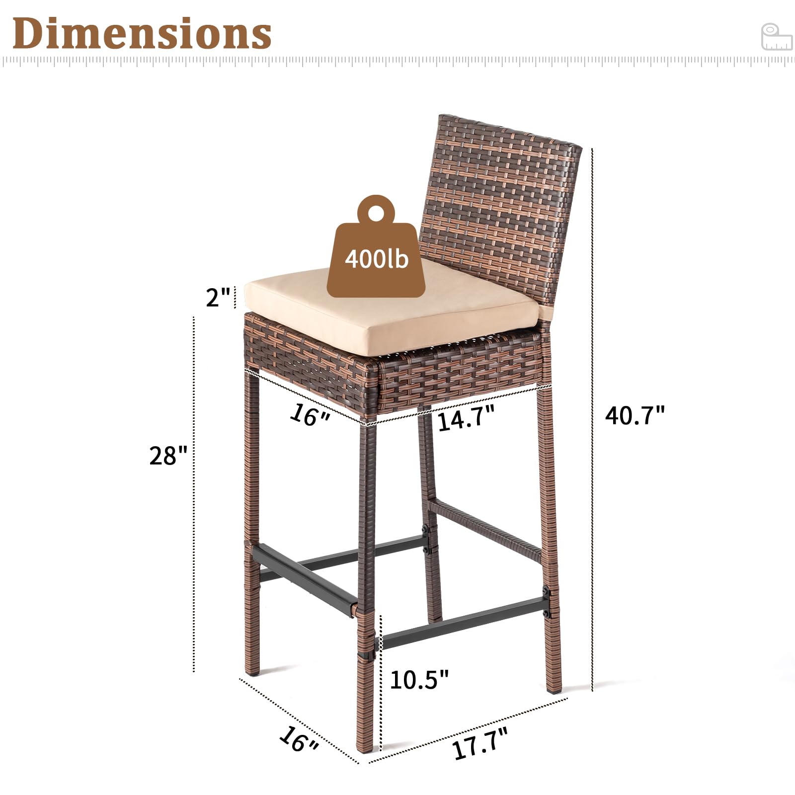 Outdoor Wicker Bar Stool Set of 2 with Cushions
