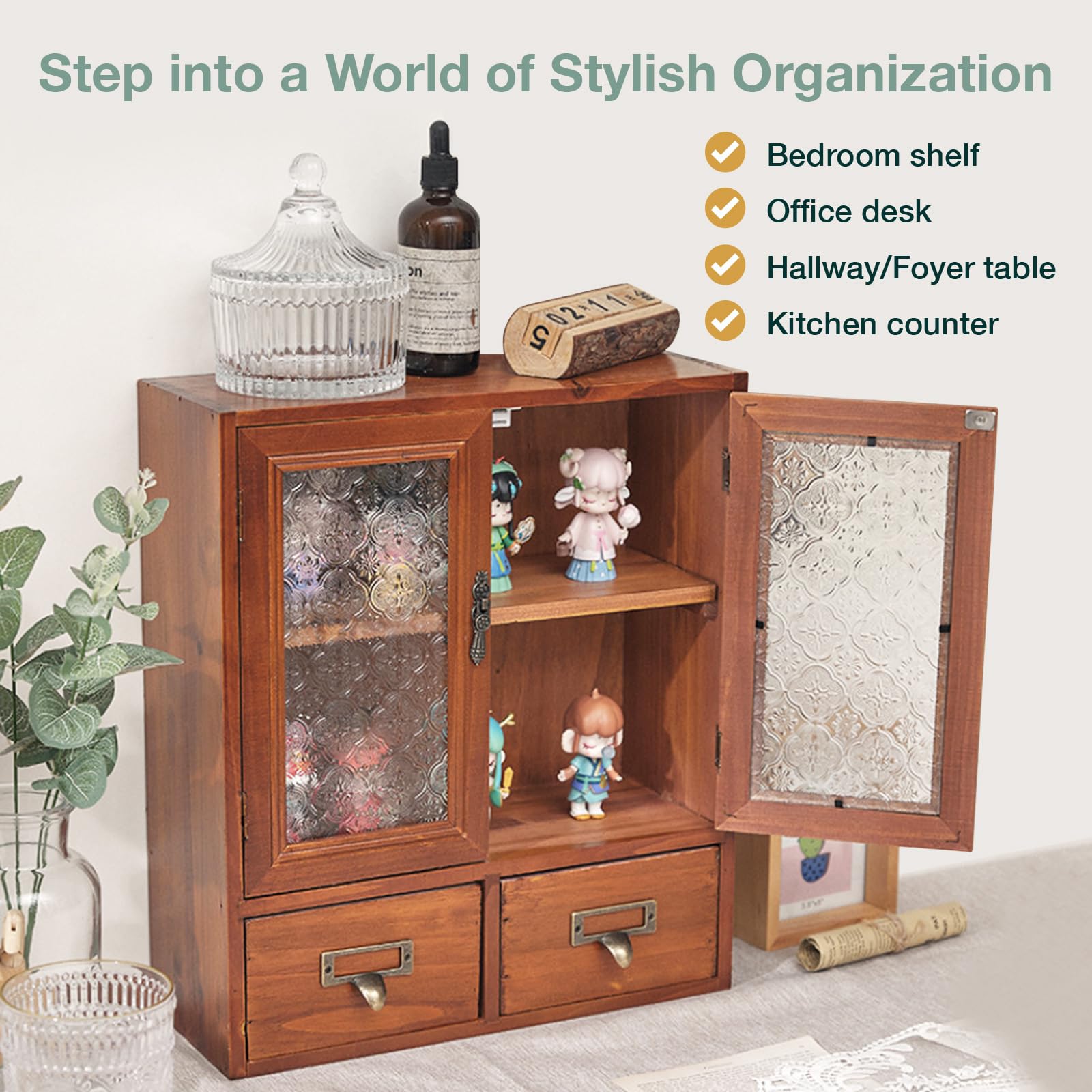 Floral Glass Storage Cabinet with 2 Drawers