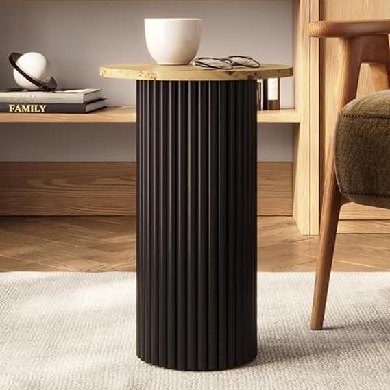 Round Fluted Accent Side Table - Oak End Table for Living Room & Bedroom