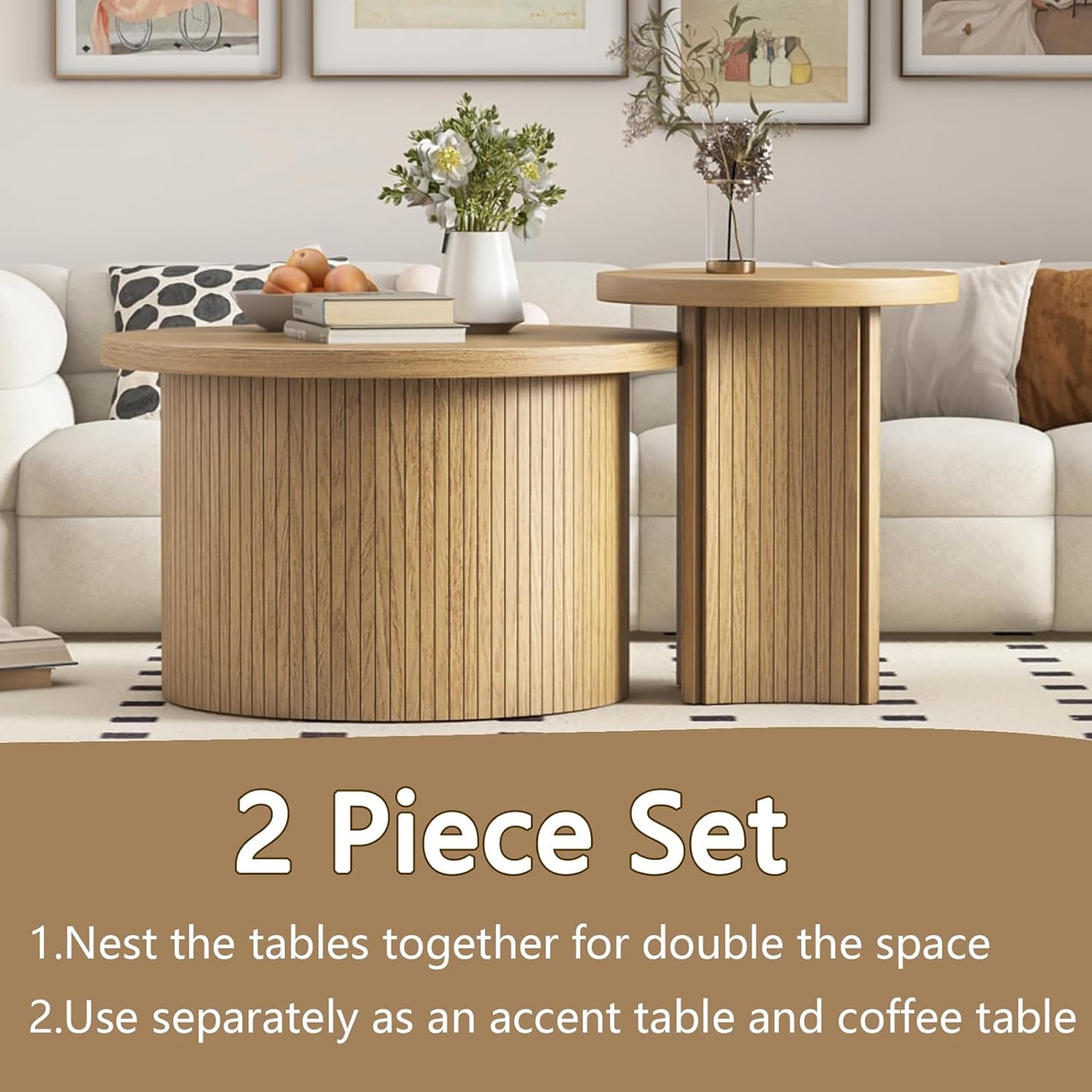 Mxtxmy Set of 2 Nesting Coffee Tables Farmhouse,Round Coffee Table Living Room,Wood Finish Coffee Table Set, Small Coffee Tables, Sofa Side Living Room Bedroom Coffee Side Table (Large Size - Set)