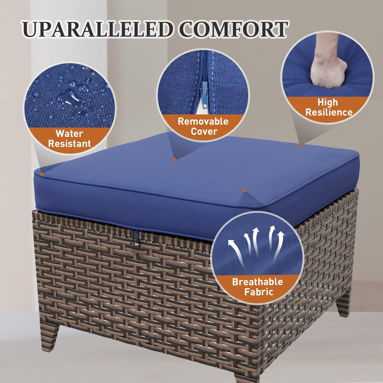 Wicker Outdoor Ottomans Set of 2 with Removable Cushions