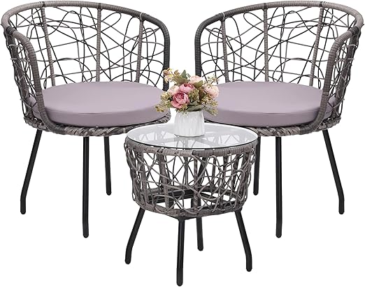 3 Piece Bistro Set with Tempered Glass Table and Wicker Chairs