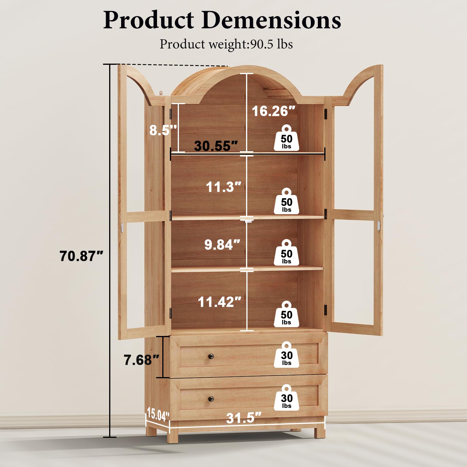 Tall Arched Pantry Cabinet with Drawers