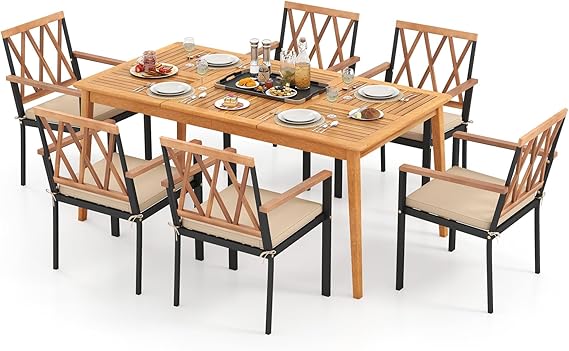 7-Piece Acacia Wood Outdoor Dining Set with Cushioned Chairs