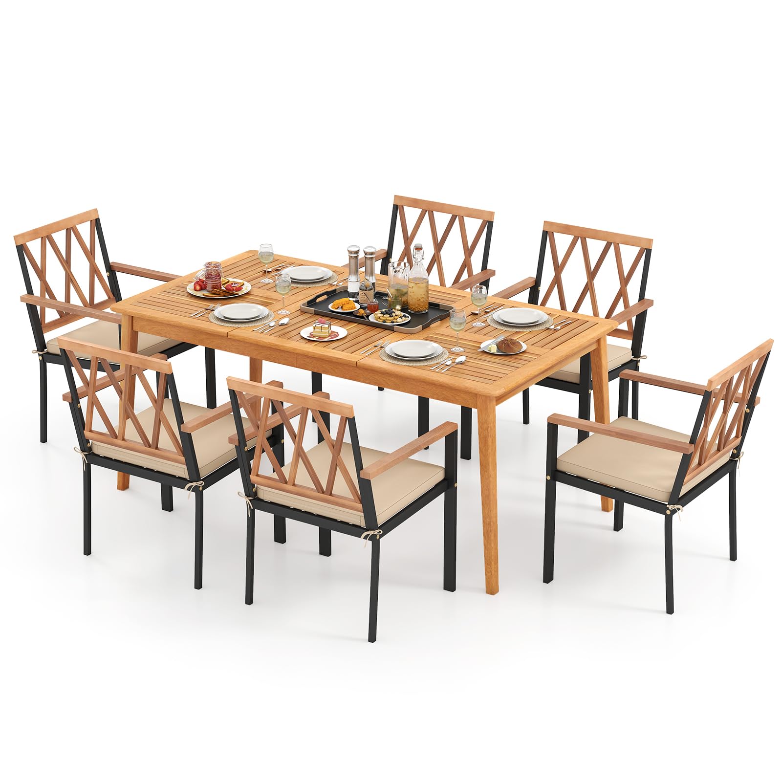 Tangkula 7 Piece Wood Outdoor Dining Set for 6, Rectangular Patio Acacia Wood Table Set with 6 Cushioned Chairs, Umbrella Hole, Heavy Duty Metal Frame for Deck Porch Backyard