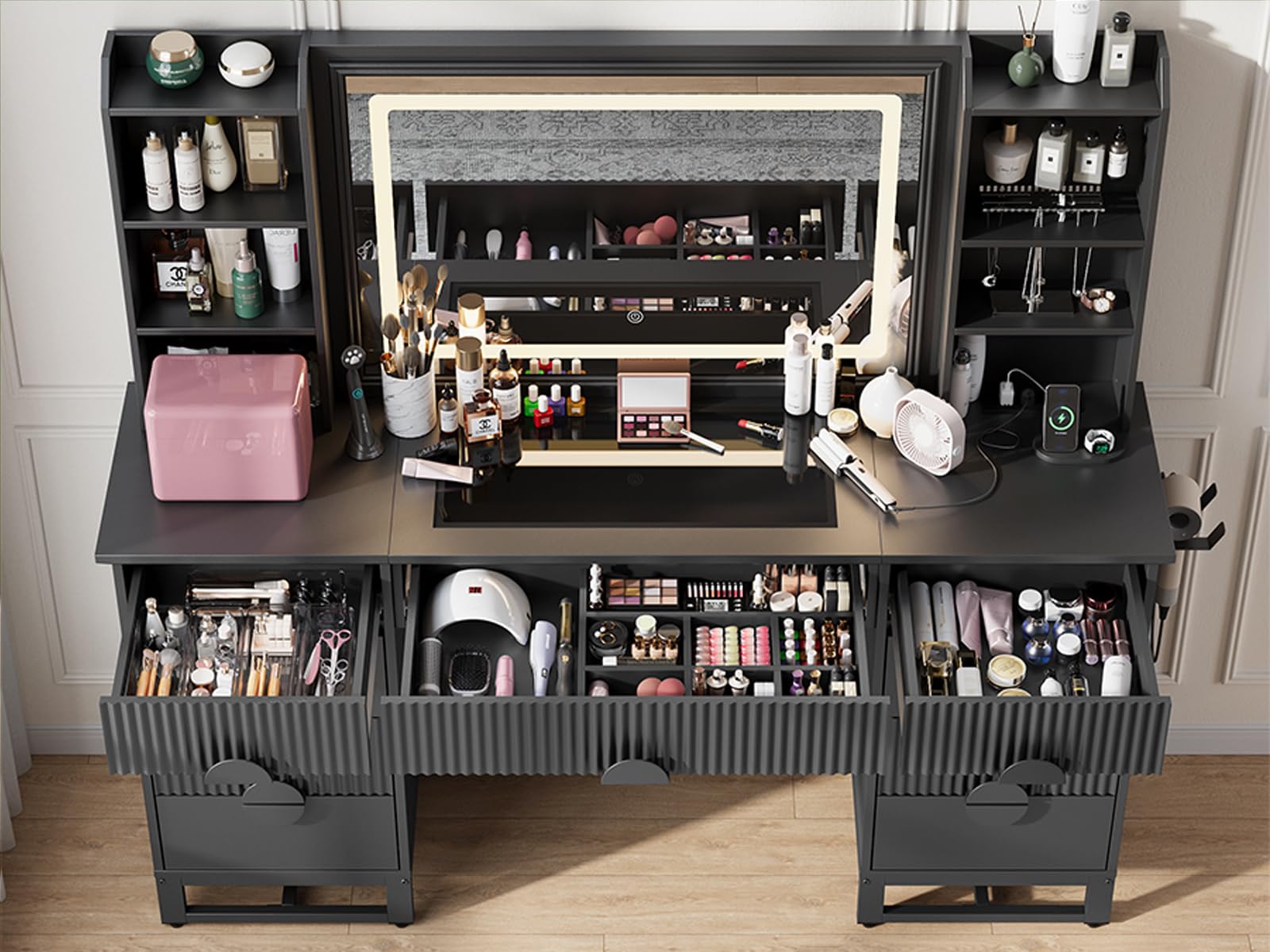 60" Fluted Vanity Desk with Mirror and Lights