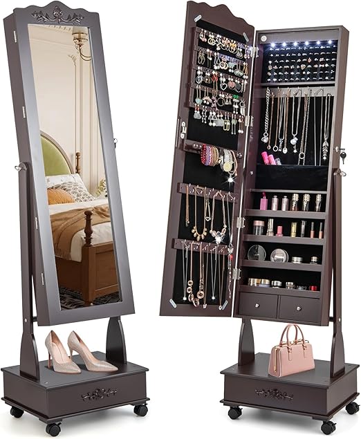 Rolling Jewelry Armoire with Full Length Mirror