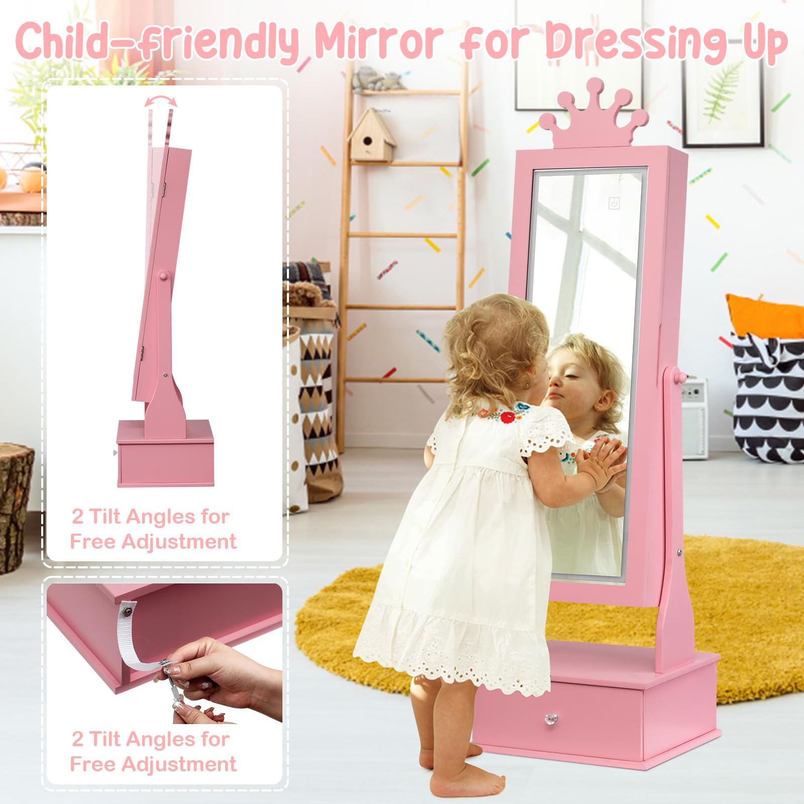 Kids Jewelry Armoire with LED Light and Full Length Mirror