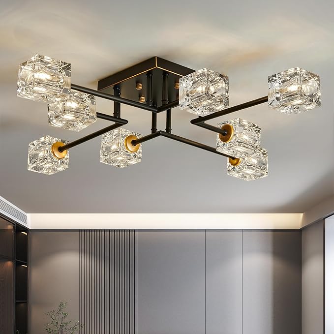Vintage Gold Semi Flush Mount Ceiling Light 8-Light Glass Sputnik