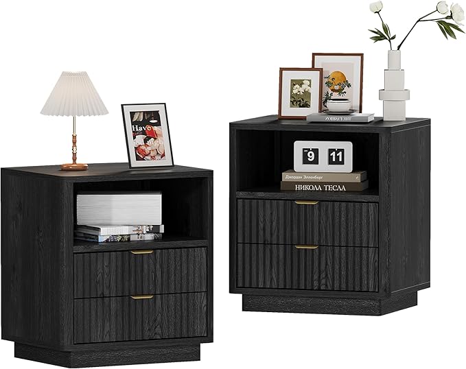 Fluted Nightstands Set of 2 with Drawers and Open Shelves