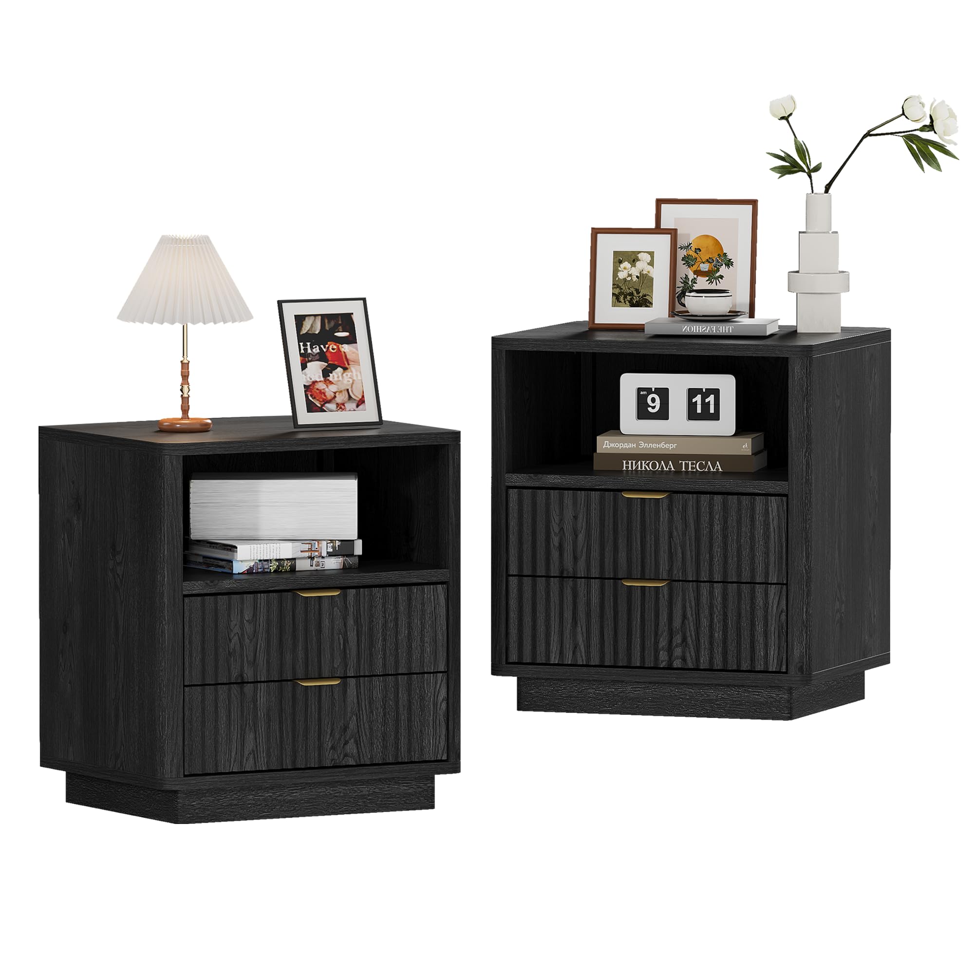 Fluted Nightstands Set of 2 with Drawers and Open Shelves