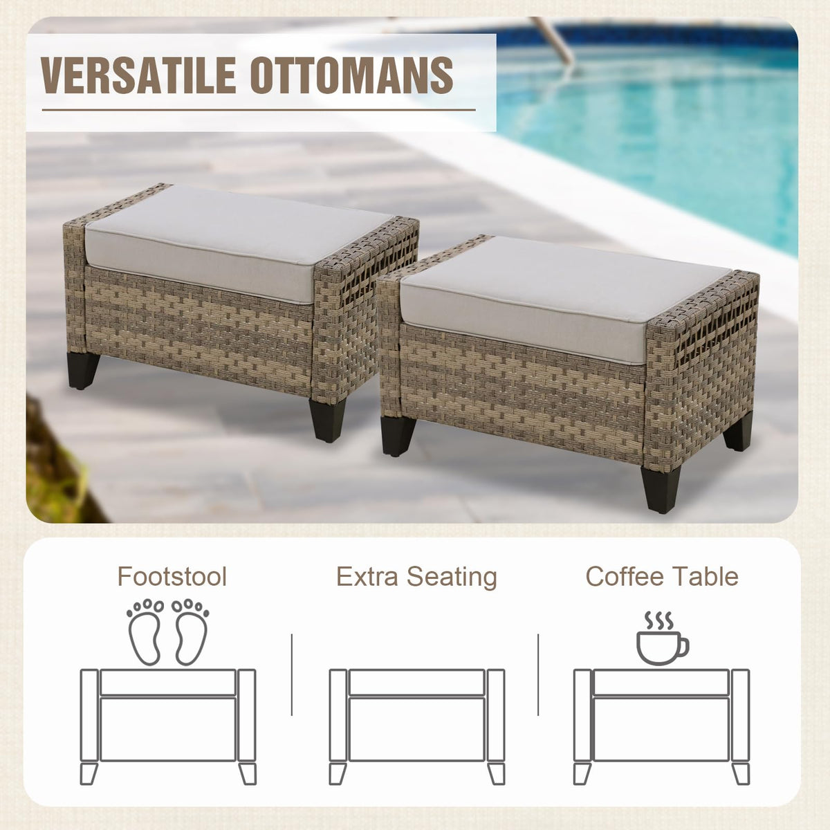 2 Pieces Outdoor Wicker Patio Footstools with Removable Cushions