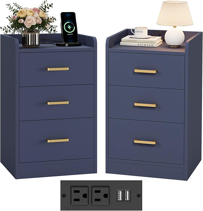 Nightstands Set of 2 with Charging Station and 3 Drawers