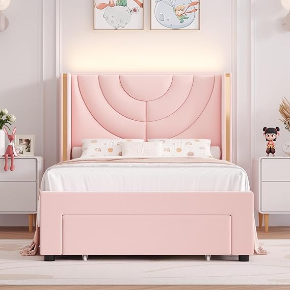 Full Upholstered LED Bed Frame with Storage Drawers