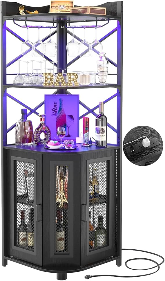 Corner Bar Cabinet with Power Outlet and LED Lights