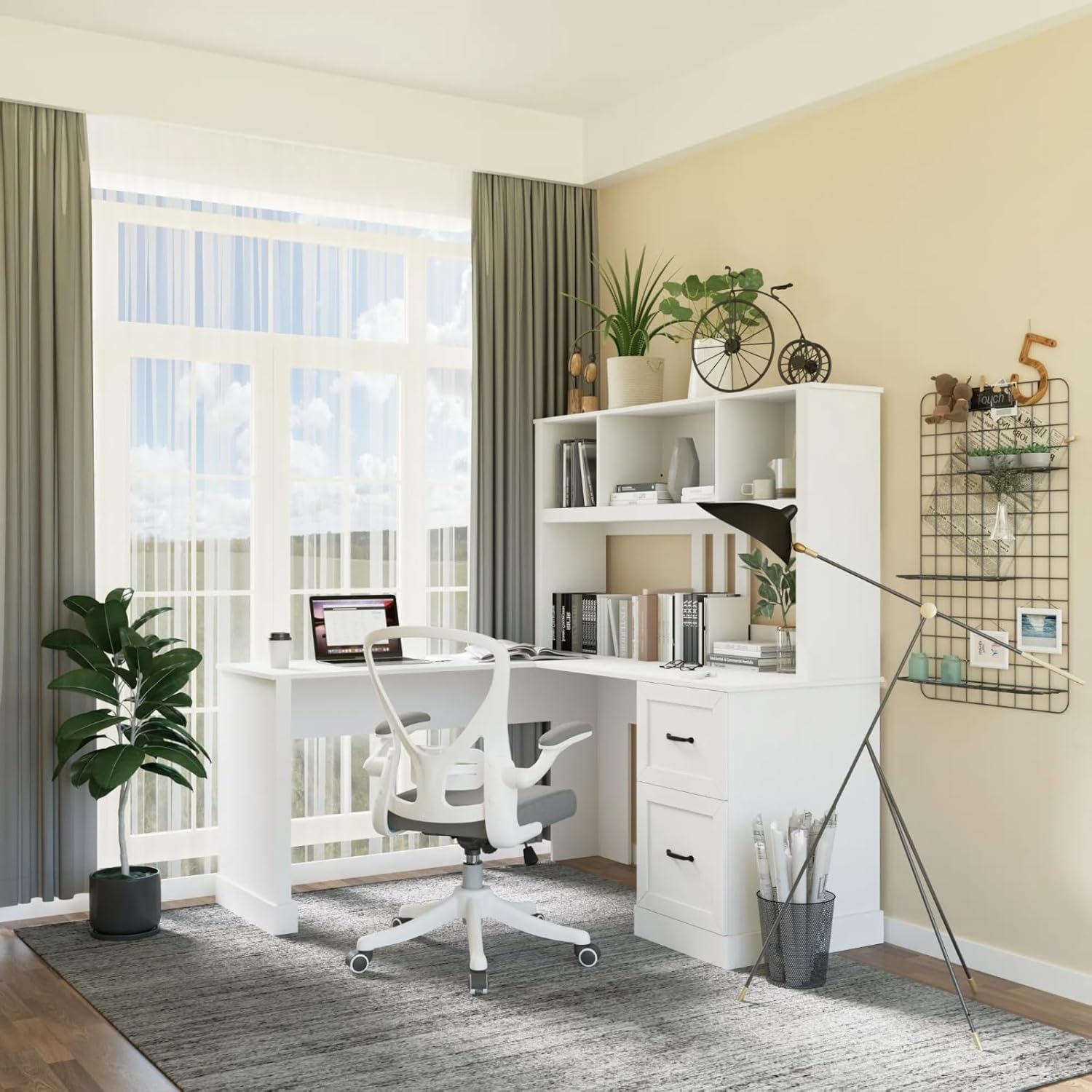L-Shaped Corner Desk with Hutch and File Cabinet