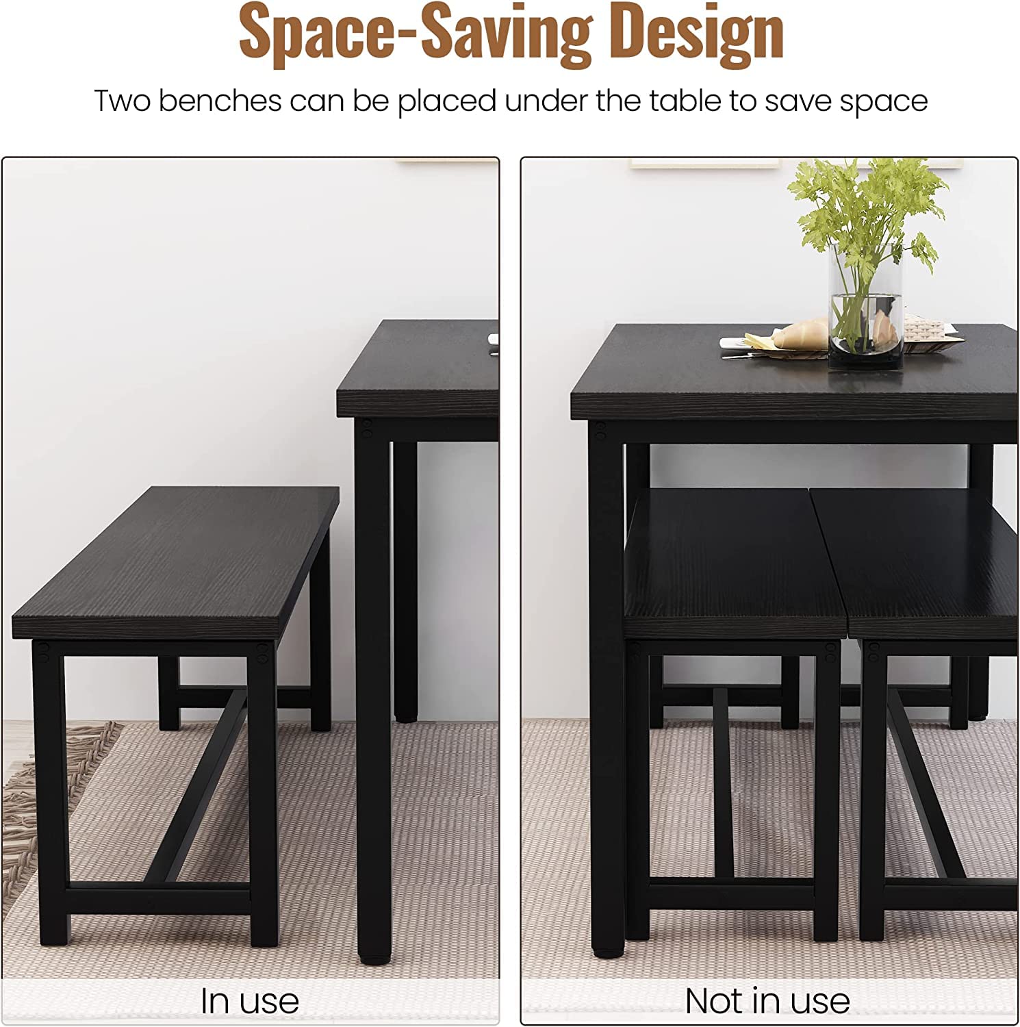 Dining Table Set with 2 Benches Black