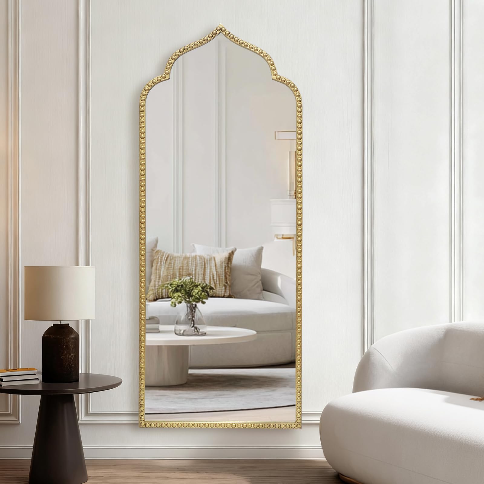 Arched Wall Mirror with Metal Beaded Frame